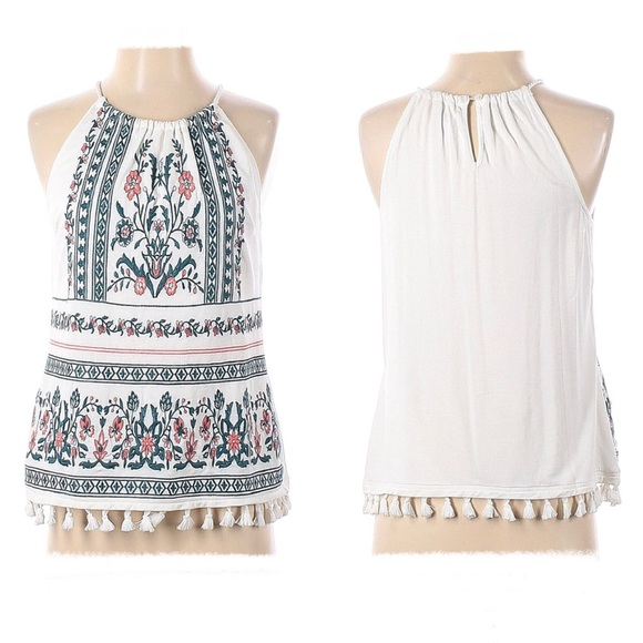 Skies Are Blue Tops - Skies Are Blue Nutria Embroidered Boho Top Shirt Tassels Floral Size XL